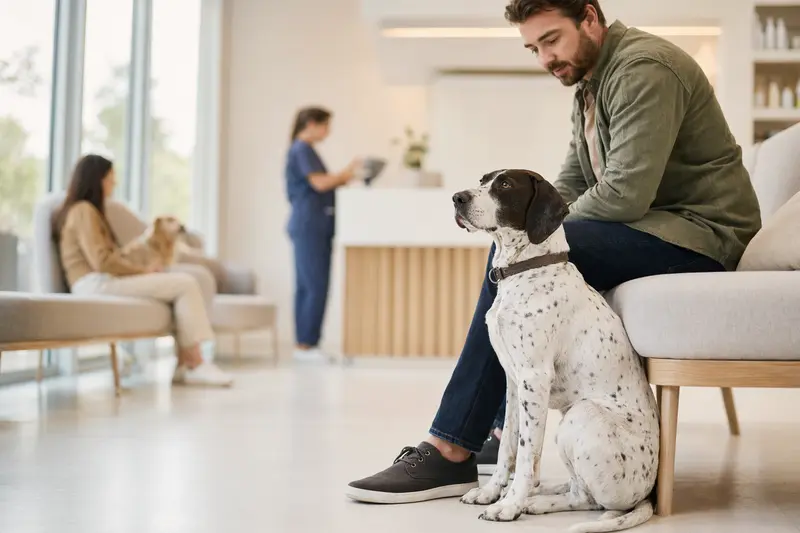 Ein Englischer Pointer sitzt ruhig neben seinem Besitzer im hellen Wartezimmer einer modernen Tierarztpraxis.
